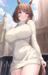 Rule 34 | 1girl, animal ears, bad id, bad pixiv id, blush, breasts, brown hair, building, closed mouth, cowboy shot, day, dress, hair ornament, hairclip, hand on own chest, highres, horse ears, horse girl, horse tail, impossible clothes, impossible dress, impossible sweater, kidukatakio, large breasts, light hello (umamusume), long sleeves, looking at viewer, outdoors, purple eyes, short hair, solo, sweater, sweater dress, swept bangs, tail, umamusume, white dress, white sweater