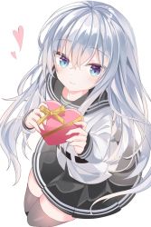 Rule 34 | 1girl, bad anatomy, bad perspective, black sailor collar, black skirt, black thighhighs, blue eyes, blush, box, closed mouth, fathom, from above, gift, gift box, hair between eyes, heart, heart-shaped box, hibiki (kancolle), highres, holding, holding gift, kantai collection, long hair, long sleeves, looking at viewer, pleated skirt, sailor collar, sailor shirt, shirt, silver hair, simple background, skirt, smile, solo, thighhighs, verniy (kancolle), white background, white shirt