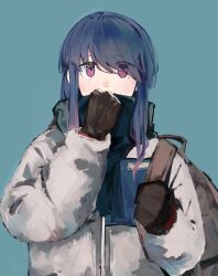 Rule 34 | 1girl, absurdres, adjusting scarf, backpack, bag, black gloves, black scarf, blue background, blue hair, eyes visible through hair, gloves, grey jacket, hair over one eye, hand up, highres, holding, holding bag, jacket, long bangs, long hair, long sleeves, looking at viewer, maegami (daisuki oekaki1), pink eyes, purple eyes, scarf, shima rin, sidelocks, simple background, solo, swept bangs, translucent hair, upper body, winter clothes, yurucamp