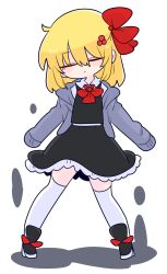 Rule 34 | 1girl, black footwear, black skirt, black vest, blonde hair, closed eyes, closed mouth, full body, grey jacket, hair between eyes, hair ribbon, highres, jacket, op na yarou, open clothes, open jacket, red ribbon, ribbon, rumia, shoes, short hair, simple background, skirt, solo, thighhighs, touhou, vest, white background, white thighhighs