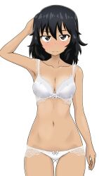Rule 34 | 1girl, andou (girls und panzer), armpits, black hair, blush, bra, breasts, cleavage, closed mouth, collarbone, frilled bra, frilled panties, frills, girls und panzer, gogopaint, grey eyes, large breasts, lingerie, long hair, looking at viewer, navel, panties, simple background, solo, underwear, white background, white bra, white panties