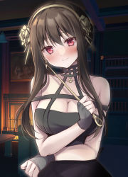 Rule 34 | 1girl, bare shoulders, black dress, black hair, blush, breasts, brown flower, brown hairband, brown rose, cleavage, closed mouth, commentary request, dress, fireplace, flower, hair between eyes, hair flower, hair ornament, hairband, head tilt, highres, holding, indoors, korie riko, long hair, medium breasts, red eyes, rose, smile, solo, spy x family, table, yor briar