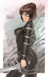 Rule 34 | 1girl, artist name, ass, bad id, bad pixiv id, black panties, breasts, brown hair, character name, covered erect nipples, cowboy shot, english text, erodrunky, eyepatch, glasses, hange zoe, highres, holding, holding sword, holding weapon, large breasts, long hair, looking at viewer, open mouth, panties, ponytail, shingeki no kyojin, smile, sword, thick thighs, thighs, tight clothes, underwear, weapon
