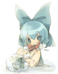 Rule 34 | 1girl, bad id, bad pixiv id, barefoot, blue eyes, blue hair, bow, chibi, cirno, female focus, frog, frozen, frozen frog, full body, gradient background, grin, hair bow, masirosu, matching hair/eyes, short hair, smile, solo, touhou, white background, wings