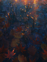 Rule 34 | afloat, afloat leaves, autumn leaves, cola (gotouryouta), commentary request, evening, grass, highres, leaf, maple leaf, nature, no humans, original, paid reward available, pond, scenery, sunlight, water