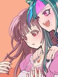 Rule 34 | 2girls, :d, absurdres, apron, black hair, brown background, brown hair, collared shirt, danganronpa (series), danganronpa 2: goodbye despair, fingernails, hair horns, hands on another&#039;s shoulders, highres, jewelry, long hair, mioda ibuki, mouth piercing, multicolored hair, multiple girls, necklace, open mouth, piercing, pink eyes, pink hair, pink shirt, ring, sharp fingernails, shirt, simple background, smile, teeth, tsumiki mikan, upper teeth only, white apron, white hair, youko-shima