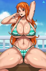 Rule 34 | 1girl, absurdres, areola slip, arms up, ass, bikini, blue sky, breasts, bursting breasts, cameltoe, cleft of venus, covered erect nipples, curvy, gluteal fold, groin, highres, huge ass, huge breasts, jmg, long hair, nami (one piece), navel, one piece, orange hair, shiny skin, shoulder tattoo, sitting, sky, spread legs, sweat, swimsuit, tattoo, thong, thong bikini, wide hips
