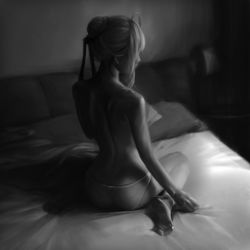 Rule 34 | 1girl, absurdres, ahoge, artoria pendragon (all), artoria pendragon (fate), barefoot, bed, bed sheet, chair, fate/stay night, fate (series), from behind, full body, greyscale, hair bun, hair ribbon, highres, looking away, monochrome, panties, pillow, realistic, ribbon, saber (fate), samanta, short hair, single hair bun, sitting, sketch, solo, topless, underwear, wariza