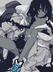 Rule 34 | 1girl, androgynous, artist name, backpack, bag, bare shoulders, braid, closed mouth, convenient leg, dark-skinned female, dark skin, flat chest, grey background, greyscale, highres, jacket, knees up, long hair, long sleeves, looking at viewer, mochizuki kei, monochrome, no panties, off shoulder, open clothes, open jacket, original, randoseru, shoelaces, shoes, simple background, skinny, skirt, sneakers, solo, spot color, topless