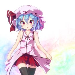 Rule 34 | 1girl, :o, adapted costume, bare arms, black thighhighs, blue hair, cowboy shot, cross-eyed, gradient background, hat, hat ribbon, looking at viewer, md5 mismatch, mob cap, pointy ears, red eyes, red skirt, remilia scarlet, ribbon, ryogo, shirt, short hair, skirt, sleeveless, sleeveless shirt, solo, thighhighs, touhou, zettai ryouiki