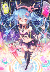 Rule 34 | 1girl, absurdres, akabane (zebrasmise), argyle, argyle clothes, argyle legwear, arm ribbon, bikini, bikini top only, blood, blood bag, blue hair, bra, chain, collar, cross, flat chest, floating screen, foreshortening, front-tie top, glasses, hair ornament, hat, headphones, headphones around neck, heart, heart of string, highres, intravenous drip, lingerie, long hair, multicolored eyes, nail polish, navel, nurse cap, one eye closed, original, pill, pinky out, red-framed eyewear, red cross, red eyes, revision, ribbon, scar, scissors, skindentation, skirt, solo, space, star (sky), swimsuit, syringe, thermometer, thigh strap, thighhighs, twintails, underwear, wink