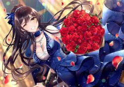 Rule 34 | 1girl, alternate costume, bare shoulders, blue dress, bouquet, breasts, brown hair, cleavage, commentary request, curtains, dress, earrings, falling petals, flower, grin, hair between eyes, hair ribbon, high ponytail, highres, idol, idolmaster, idolmaster shiny colors, jewelry, kgr lplc, large breasts, long hair, long skirt, necklace, one eye closed, petals, ponytail, ribbon, shirase sakuya, sidelocks, skirt, smile, window, yellow eyes