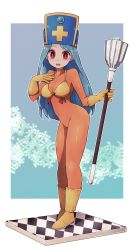 Rule 34 | 1girl, :d, bikini, bikini top only, blue background, blue hair, bodysuit, boots, border, breasts, cross-section, dragon quest, dragon quest iii, full body, gloves, hand on own chest, hat, highres, holding, holding weapon, lamb-oic029, latex, latex suit, legs together, long hair, looking at viewer, mace, medium breasts, mitre, navel, open mouth, orange bodysuit, outside border, priest (dq3), red eyes, smile, solo, square enix, standing, swimsuit, weapon, white border, yellow bikini, yellow footwear, yellow gloves