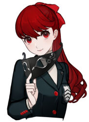 Rule 34 | 1girl, black jacket, black mask, bow, breast pocket, buttons, cropped torso, hair between eyes, hair bow, holding, holding mask, jacket, long hair, long sleeves, looking at viewer, mask, mudo on8, persona, persona 5, persona 5 the royal, pocket, ponytail, red bow, red eyes, red hair, school uniform, shuujin academy school uniform, simple background, smile, solo, upper body, white background, yoshizawa kasumi