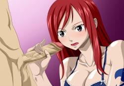 Rule 34 | 1girl, black eyes, blue bra, bra, breasts, censored, cleavage, clothed female nude male, collarbone, erza scarlet, fairy tail, handjob, legs, long hair, looking at another, mosaic censoring, navel, nel-zel formula, nude, open mouth, penis, red hair, simple background, solo focus, standing, sweatdrop, tattoo, testicles, thighs, underwear
