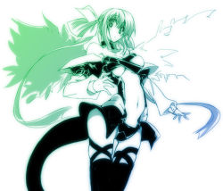 Rule 34 | 10mo, 1girl, arc system works, asymmetrical wings, blue theme, bow, dizzy (guilty gear), green theme, guilty gear, guilty gear x, guilty gear xx, hair bow, monochrome, ribbon, simple background, skindentation, solo, tail, thighhighs, white background, wings
