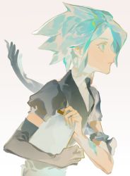 Rule 34 | 1other, androgynous, aqua eyes, aqua hair, black gloves, black necktie, blue eyes, blue hair, blue nails, closed mouth, collar, commentary request, crystal hair, elbow gloves, gem uniform (houseki no kuni), gloves, hj, holding, houseki no kuni, looking away, nail polish, necktie, phosphophyllite, puffy short sleeves, puffy sleeves, shirt, short hair, short sleeves, simple background, single glove, solo, upper body, white background, white shirt
