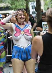 Rule 34 | 1girl, bishoujo senshi sailor moon, bodypaint, breasts, brown hair, cleft of venus, cosplay, nude, outdoors, painted clothes, photo (medium), plump, public indecency, sailor moon, sailor moon (cosplay), smile, standing, tagme, v
