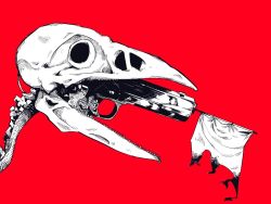 Rule 34 | bird skull, burnt, flag, flag pistol, gun, handgun, maam. (summemixi), monochrome, no humans, open mouth, original, red background, simple background, skull, spot color, teeth, weapon, weapon request, what