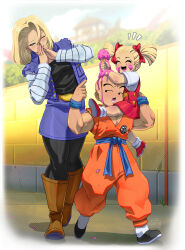 Rule 34 | 1boy, 2girls, android 18, artist request, bald, belt, blonde hair, blush, boots, closed eyes, disgust, dragon ball, dragonball z, family, father and daughter, food, full body, highres, ice cream, kuririn, marron (dragon ball), melting, mother and daughter, multiple girls, muscular, muscular male, nails, one eye closed, open mouth, road, shoes, size difference, skirt, smile, street, tall female, tovio rogers, twintails, vest, walking