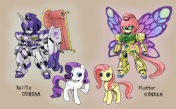 Rule 34 | blue eyes, butterfly wings, couch, cutie mark, english text, eyelashes, fluttershy, green eyes, gundam, insect wings, mecha, mechanization, my little pony, my little pony: friendship is magic, no humans, parody, pegasus, pink hair, purple hair, rarity (my little pony), robot, shepherd0821, shield, smile, tail, unicorn, wings
