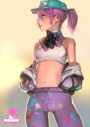 Rule 34 | 1girl, bare shoulders, fortnite, gas mask, gluteal fold, halterneck, hat, highres, jacket, looking to the side, mask, midriff, navel, parted lips, pink hair, ponytail, profile, skin tight, solo, tororoto