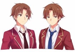 Rule 34 | 1boy, ayanokouji kiyotaka, blue necktie, brown eyes, brown hair, brown necktie, closed mouth, collared shirt, commentary request, cropped arms, cropped torso, highres, jacket, jitome, looking at viewer, looking to the side, male focus, multiple views, necktie, red jacket, sekina, shirt, simple background, upper body, white background, white shirt, youkoso jitsuryoku shijou shugi no kyoushitsu e