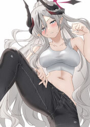 Rule 34 | 1girl, absurdres, alternate costume, armpits, black horns, black pants, blue archive, blush, breasts, collarbone, demon horns, grey eyes, grey hair, grey tank top, halo, highres, horns, large breasts, long hair, looking at viewer, makoto (blue archive), multiple horns, navel, open mouth, pants, red halo, simple background, solo, tank top, white background, yamano rokamizu