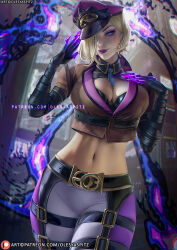 Rule 34 | 1girl, artist name, belt, black bra, blonde hair, blue eyes, blurry, blurry background, bra, breasts, brown belt, claws, cleavage, closed mouth, commentary, cowboy shot, earrings, english commentary, evelynn (league of legends), eyeshadow, glowing, glowing hand, hair over one eye, jewelry, large breasts, league of legends, lipstick, long hair, looking at viewer, makeup, midriff, mole, mole under eye, navel, official alternate costume, official alternate hairstyle, olesyaspitz, outdoors, paid reward available, pants, patreon username, purple eyeshadow, purple headwear, purple lips, short hair, soul fighter evelynn, standing, stomach, underwear, watermark, web address, white pants