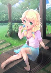 Rule 34 | 10s, 1girl, ahoge, arm support, barefoot, blonde hair, blouse, blue skirt, blush, candy, day, downblouse, feet, food, full body, grass, green eyes, hair bobbles, hair ornament, hair over shoulder, hill, hisayaki kyuu, idolmaster, idolmaster cinderella girls, knees together feet apart, lens flare, lollipop, long hair, looking at viewer, on floor, open mouth, outdoors, pink shirt, plant, potted plant, shade, shirt, short sleeves, sitting, skirt, solo, sunlight, swept bangs, tongue, tongue out, tree, twintails, veranda, yusa kozue