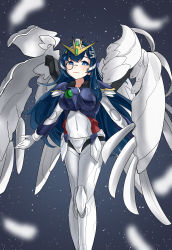 Rule 34 | 1girl, absurdres, blue eyes, blue hair, blush, breasts, chinese commentary, cosplay, covered navel, crossover, feathers, gundam, gundam wing, gundam wing endless waltz, heluo official, highres, hololive, hololive china, large breasts, long hair, mecha musume, monocle, open hands, rosalyn (hololive), solo, space, v-fin, virtual youtuber, wing gundam zero custom, wing gundam zero custom (cosplay), wings