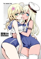 Rule 34 | 10s, 2girls, ahoge, asanagi, ass, bare shoulders, blonde hair, blue eyes, blush, breasts, cheek-to-cheek, cosplay, crop top, flower, glasses, gradient background, green eyes, groping, hair flower, hair ornament, hat, heads together, heart, heart-shaped pupils, hug, i-8 (kancolle), i-8 (kancolle) (cosplay), kantai collection, licking lips, long hair, looking at viewer, multiple girls, one-piece tan, polka dot, polka dot background, ro-500 (kancolle), ro-500 (kancolle) (cosplay), sailor collar, school swimsuit, smile, swimsuit, swimsuit under clothes, symbol-shaped pupils, tan, tanline, thighhighs, thighhighs pull, tongue, tongue out, twintails