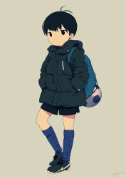 Rule 34 | 1boy, backpack, bag, black eyes, black hair, blue legwear, child, closed mouth, commentary request, down jacket, hand in pocket, jacket, looking at viewer, male focus, noeyebrow (mauve), original, shoes, shorts, simple background, sneakers, soccer, solo