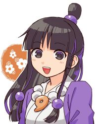 Rule 34 | 1girl, :d, ace attorney, black eyes, black hair, blunt bangs, blush, commentary request, hair ornament, half updo, hanten (clothes), jacket, japanese clothes, jewelry, kimono, long hair, looking at viewer, magatama, magatama necklace, maya fey, necklace, numae kaeru, open mouth, parted bangs, purple jacket, sidelocks, smile, solo, upper body, white background, white kimono
