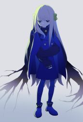 Rule 34 | 1girl, absurdres, backpack, bag, bell, black eyes, black shirt, black wings, blue bag, blue cloak, blue footwear, blue pantyhose, boots, buttons, cloak, closed mouth, commentary request, dinner bell (vocaloid), dobudouhu, double-breasted, full body, hair bell, hair ornament, half-closed eyes, highres, holding own arm, jingle bell, jitome, long hair, long sleeves, looking at viewer, neck bell, pale skin, pantyhose, puffy long sleeves, puffy sleeves, randoseru, ringed eyes, shirt, sidelighting, sidelocks, solo, torn wings, turtleneck, very long hair, white hair, wings, yellow pupils