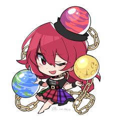 Rule 34 | 1girl, :d, barefoot, black headwear, black shirt, chibi, clothes writing, earth (ornament), full body, hair between eyes, hecatia lapislazuli, highres, kamenozoki momomo, looking at viewer, moon (ornament), multicolored clothes, multicolored skirt, one eye closed, open mouth, plaid, plaid skirt, red eyes, red hair, shirt, short hair, short sleeves, simple background, skirt, smile, solo, t-shirt, touhou, twitter username, white background