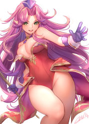 Rule 34 | 1girl, absurdres, angela (seiken densetsu 3), breasts, earrings, gloves, green eyes, hat, highres, jewelry, leotard, long hair, masami chie, pointy ears, purple hair, seiken densetsu, seiken densetsu 3, signature, simple background, solo, staff, very long hair, white background