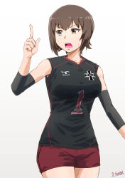 Rule 34 | 1girl, artist name, black shirt, brand name imitation, brown eyes, brown hair, commentary, cowboy shot, derivative work, elbow pads, emblem, frown, girls und panzer, grey background, highres, index finger raised, kuromorimine (emblem), logo, looking to the side, nishizumi maho, open mouth, red shorts, satou yasu, shirt, short hair, short shorts, shorts, signature, sleeveless, sleeveless shirt, solo, sportswear, sweat, volleyball uniform