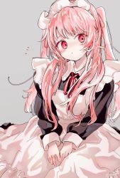 Rule 34 | 1girl, apron, black dress, blush, closed mouth, collared dress, commentary request, dot mouth, dress, grey background, hair ribbon, highres, long sleeves, looking at viewer, maid, maid apron, maid headdress, neck ribbon, notice lines, original, pink eyes, pink hair, puffy long sleeves, puffy sleeves, ribbon, sha2mo, simple background, sitting, sleeve cuffs, solo, twintails, white apron
