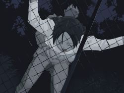 Rule 34 | 1boy, 1girl, against fence, arm support, bent over, black hair, bottomless, breasts, censored, chain-link fence, clothes lift, dark, doggystyle, closed eyes, fence, game cg, greyscale, hanging breasts, hetero, inclusion, medium breasts, monochrome, mosaic censoring, muted color, nipples, no bra, non-web source, open fly, open mouth, outdoors, sex, sex from behind, shirt lift, shouting, takamichi, torso grab, tree