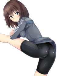 Rule 34 | 10s, 1girl, ass, bad id, bad pixiv id, bike shorts, blush, brown hair, commentary, geshiko (girls und panzer), girls und panzer, green eyes, gym uniform, highres, jacket, leg up, looking at viewer, looking back, nksk, short hair, skindentation, solo, standing, stretching, track jacket, white background