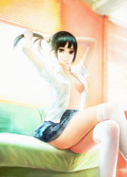 Rule 34 | 1girl, absurdres, adjusting hair, arms up, bed, bed sheet, black hair, blunt bangs, breasts, breasts apart, brown eyes, collared shirt, crossed legs, day, dress shirt, hair ornament, hair tie, hands in hair, highres, indoors, long hair, looking at viewer, medium breasts, miniskirt, mouth hold, no bra, nose, on bed, open clothes, open shirt, original, pillow, plaid, plaid skirt, school uniform, shirt, short sleeves, sidelocks, sitting, skirt, small breasts, smile, solo, thighhighs, tying hair, white shirt, white thighhighs, window, window blinds, window shutter, yang chacha