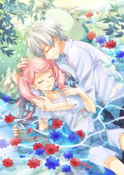Rule 34 | 1boy, 1girl, bekkourico, black pants, blue flower, bra strap, braid, closed eyes, collarbone, couple, day, dress, dress shirt, floating hair, flower, frilled pillow, frills, hand in another&#039;s hair, hand on another&#039;s head, kakumeiki valvrave, l-elf, lieselotte w. dorssia, lipstick, long hair, lying, makeup, on back, on side, outdoors, pants, parted bangs, pillow, pink hair, red flower, red lips, shirt, short dress, short sleeves, silver hair, smile, sundress, twintails, water, wet, wet clothes, wet dress, wet shirt, white dress, white shirt