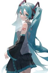 Rule 34 | 1girl, aqua eyes, aqua hair, bare shoulders, black skirt, black sleeves, closed mouth, commentary, cowboy shot, detached sleeves, from side, grey shirt, hair intakes, hair ornament, hatsune miku, headphones, highres, light blush, long hair, looking at viewer, looking to the side, miku ponchan, miniskirt, number tattoo, pleated skirt, shirt, shoulder tattoo, simple background, skirt, sleeveless, sleeveless shirt, smile, solo, standing, tattoo, twintails, very long hair, vocaloid, white background