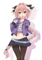 Rule 34 | 1boy, absurdres, astolfo (fate), astolfo (memories at trifas) (fate), belt, black bow, black pantyhose, bow, braid, fang, fate/apocrypha, fate (series), gluteal fold, hair bow, hair intakes, highres, hood, hoodie, ivan wang, long hair, loose belt, male focus, midriff, miniskirt, multicolored hair, navel, no panties, official alternate costume, open mouth, pantyhose, pink hair, pleated skirt, purple eyes, shadow, shirt, single braid, skirt, solo, streaked hair, striped clothes, striped shirt, thigh gap, trap, very long hair, white hair