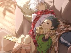 Rule 34 | 2boys, black hair, blanket, brown eyes, couch, fringe trim, gon freecss, green jacket, head on stomach, hunter x hunter, indoors, jacket, killua zoldyck, knees up, leaning back, leg warmers, long sleeves, looking at another, lying, male focus, multiple boys, on back, on couch, on floor, parted lips, pillow, plaid, plaid scarf, po (poppa-pict), profile, red scarf, rug, running bond, scarf, shade, shorts, sitting, sleeping, spiked hair, white hair, wooden floor, yellow scarf
