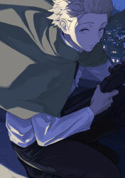 Rule 34 | 1boy, backlighting, black footwear, black pants, blonde hair, boots, closed mouth, from above, from side, grey cloak, gun, highres, holding, holding gun, holding weapon, jacket, knee boots, long sleeves, looking at viewer, male focus, night, on one knee, pants, rifle, short hair, sideways glance, sniper rifle, solo, tonooka kazuto, umi meteo, weapon, white jacket, wind, world trigger