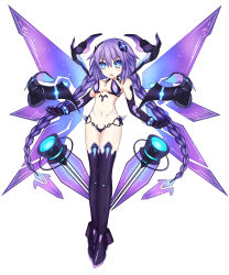 Rule 34 | 1girl, :o, absurdres, blue eyes, boots, braid, breasts, cleavage, elbow gloves, full body, gloves, highres, long hair, medium breasts, navel, nepnep connect: chaos chanpuru, nepsuka (hachisuka), neptune (series), power symbol, power symbol-shaped pupils, purple hair, purple heart (chaos form), purple heart (neptunia), simple background, solo, symbol-shaped pupils, thigh boots, thighhighs, twin braids, twintails, very long hair, white background, wings