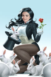 Rule 34 | 1girl, black bow, black bowtie, black footwear, black hair, black hat, black jacket, black skirt, blue background, blue eyes, bow, bowtie, dc comics, fishnet pantyhose, fishnets, flower, gloves, gradient background, hat, high heels, highres, holding, holding flower, jacket, long hair, looking at viewer, on one knee, open clothes, open jacket, pantyhose, rabbit, red flower, red rose, rose, shirt, skirt, solo, top hat, white gloves, white rabbit (animal), white shirt, yoon junggeun, zatanna zatara