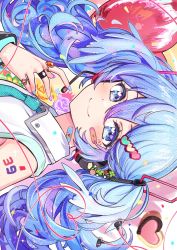 Rule 34 | 1girl, ai kotoba iv (vocaloid), aqua necktie, balloon, bandaid, bandaid on face, bandaid on neck, blue eyes, blue hair, closed mouth, deadnooodles, hair between eyes, hand up, hatsune miku, hatsune miku (vocaloid4), highres, jewelry, looking at viewer, necktie, portrait, ring, sideways, smile, solo, vocaloid